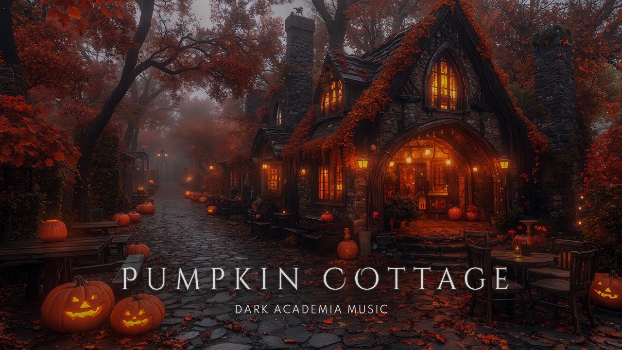 Cozy Pumpkin Cottage in Autumn Mist 🎃 Gothic Halloween Ambience | Dark Academia Piano & Violin