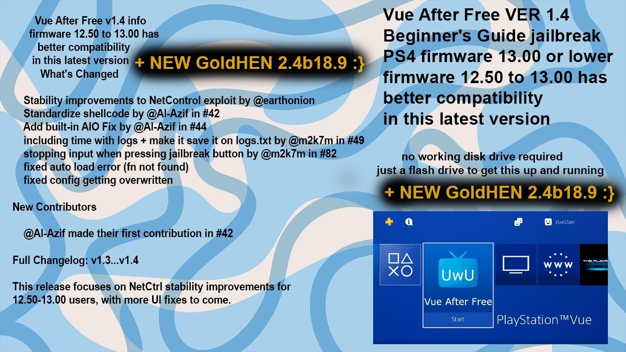 Vue After Free VER 1.4 Beginner's Guide jailbreak PS4 firmware 13.00 or lower + GoldHEN 2.4b18.9