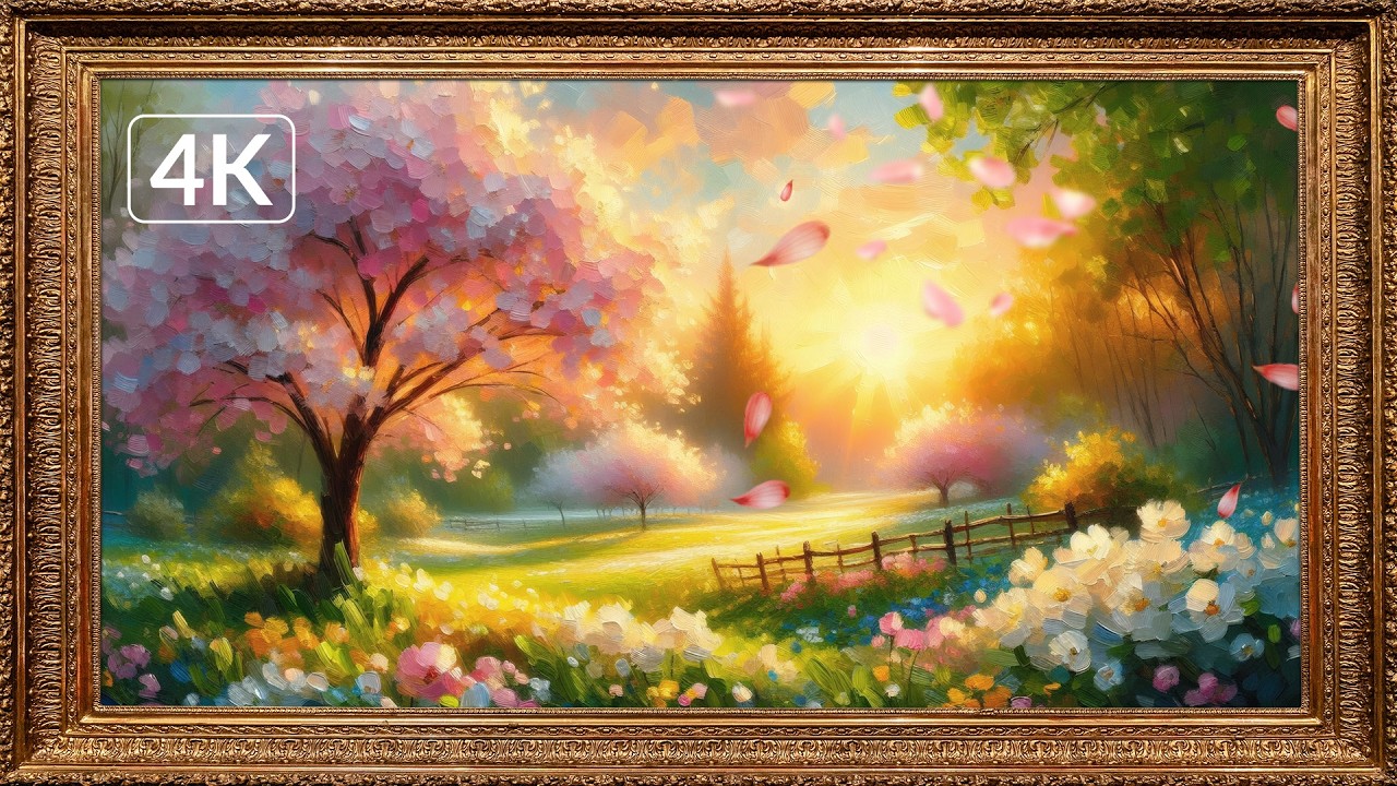 Cherry Blossom Vintage Golden Frame | Falling Petals 4K 🌸 TV Art Screensaver 2 Hours
