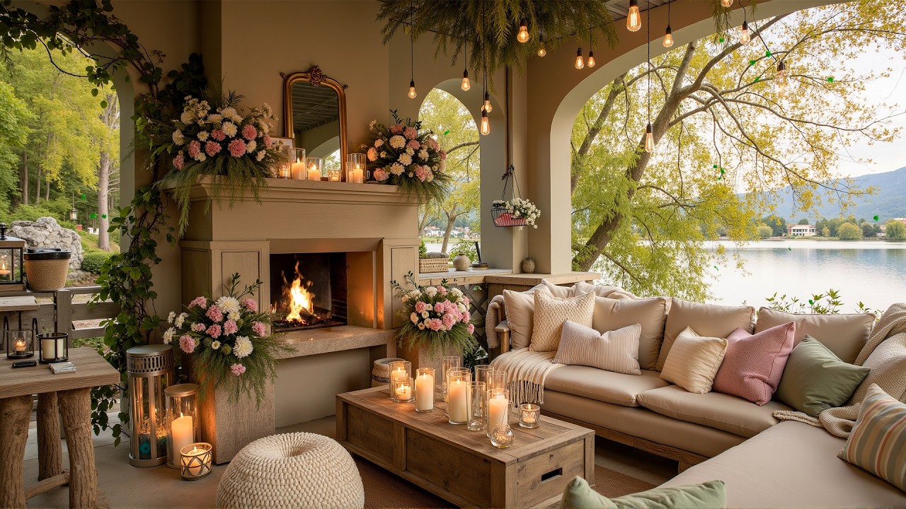 Heavenly Spring Lakeside Escape 🌿 Wooden Porch, Fireplace Glow & Soft Piano Ambience for Relaxation