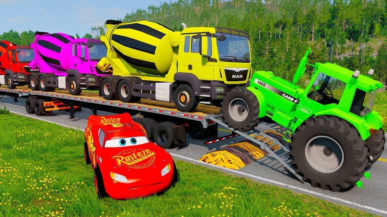 TRANSPORTING PIXAR CARS & FRUITS WITH COLORED & JOHN DEERE vs CLAAS vs TRACTORS - Beam NG drive #115
