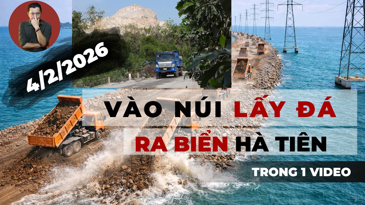 Xe ben vào núi Hà Tiên lấy đá đổ biển làm đường ra cảng tổng hợp Hà Tiên