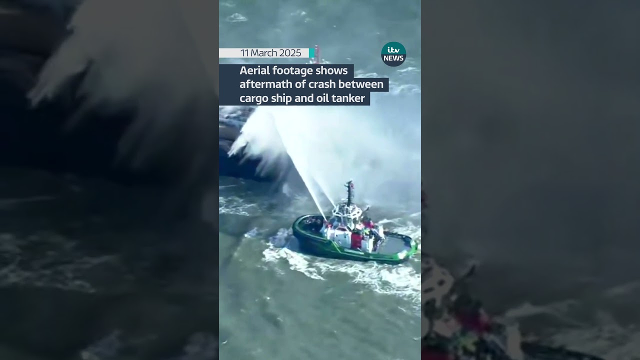 Aerial footage shows aftermath of crash between cargo ship and oil tanker #itvnews