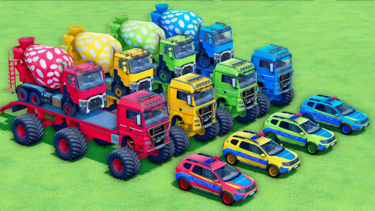 ALL COLOR MIXER TRUCK TRANSPORTING WITH DOUBLE FLATBED TRAILER TRUCKS! POLICE CAR, MAN, RENAULT FS22