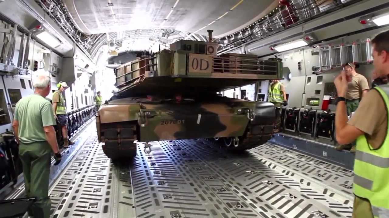 Army M1A1 Abrams airlifted in an Air Force C-17A