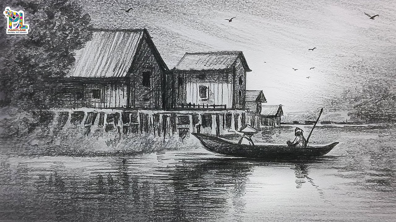 How to draw fisher men Village Scenery Art || Nature Art