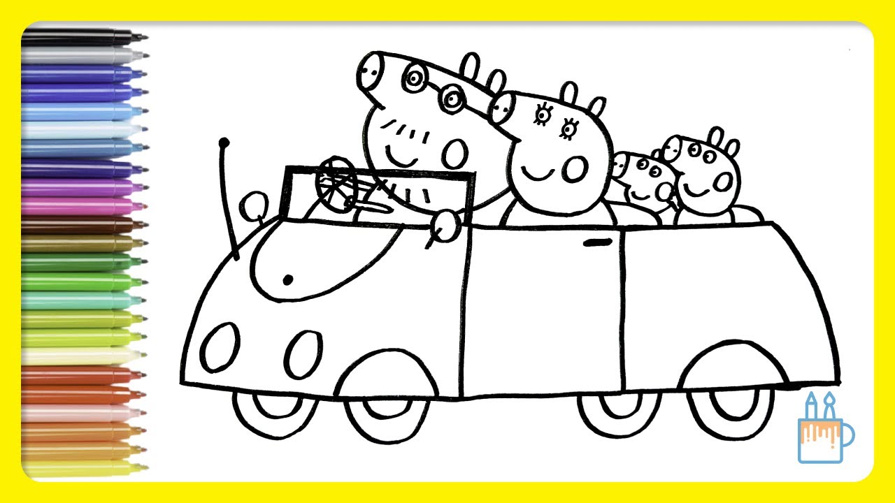 Vamos desenhar e colorir a Peppa Pig e a sua família em um passeio de carro