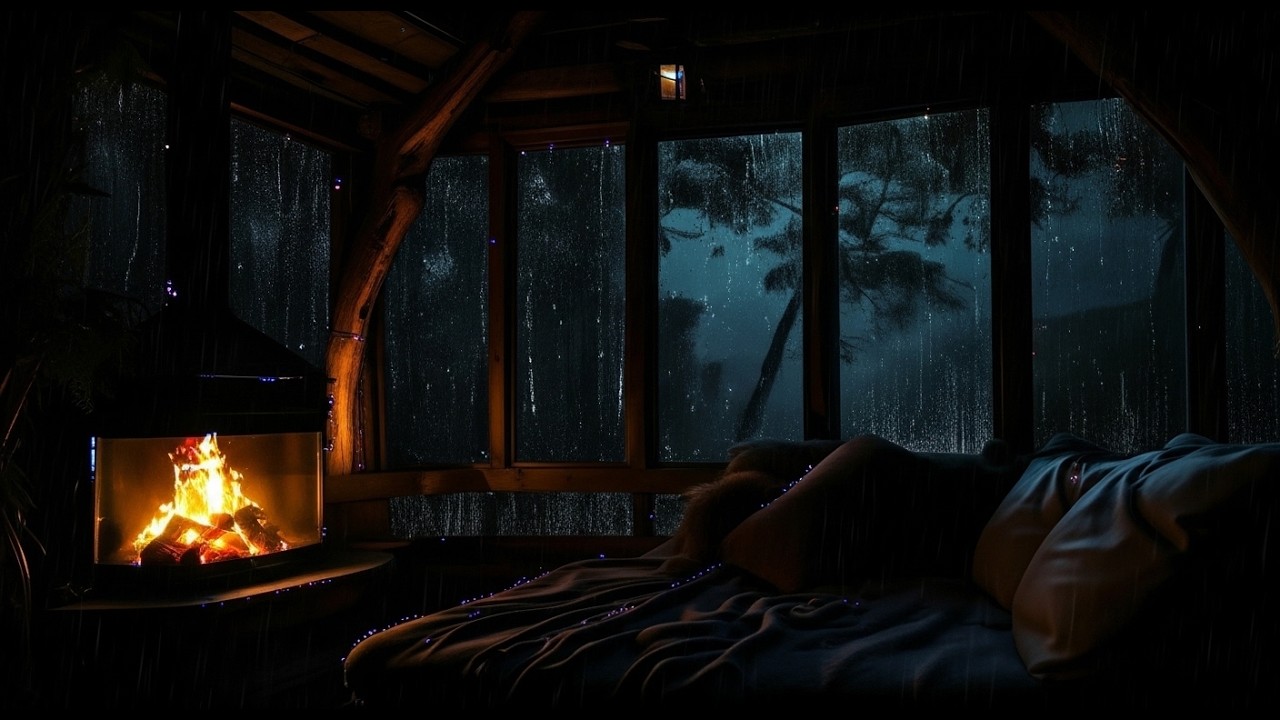 Rainy in Cabin Night Ambience with Crackling Fireplace & Rain Sounds for Sleeping