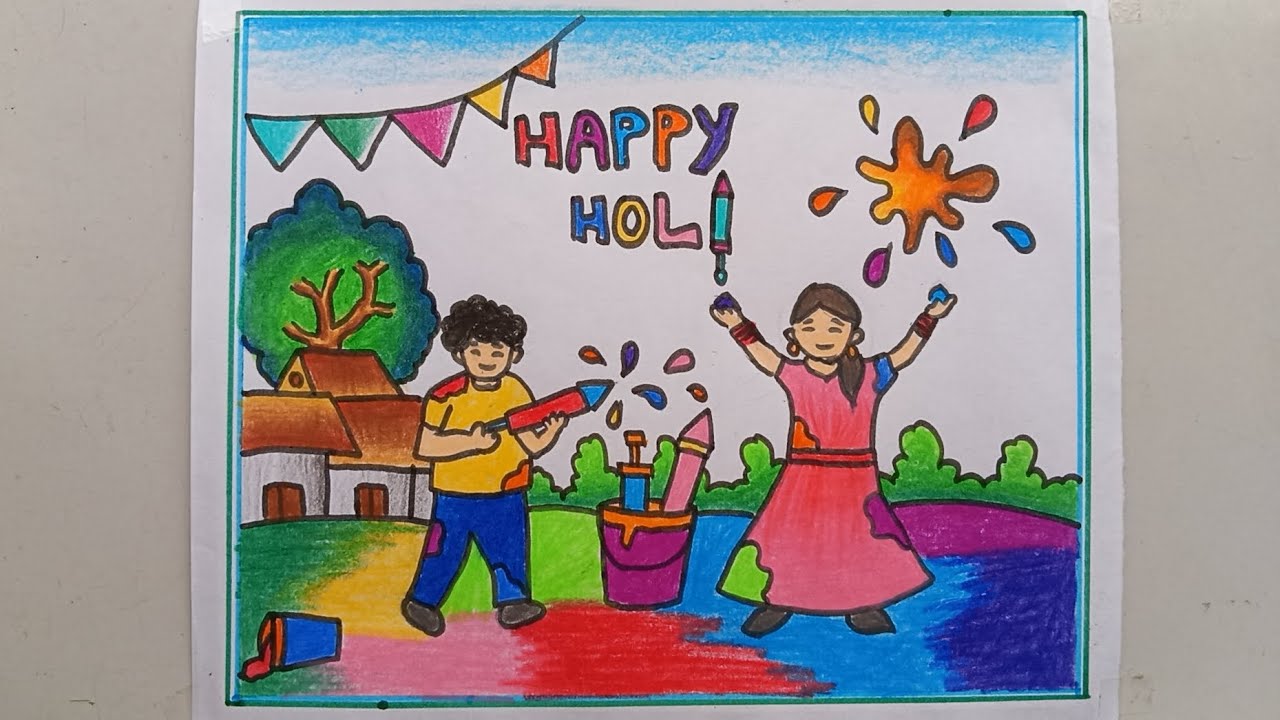Holi Drawing For Beginners।Happy Holi Poster।Very Easy Holi Drawing।Beautiful Holi Drawing For Kids