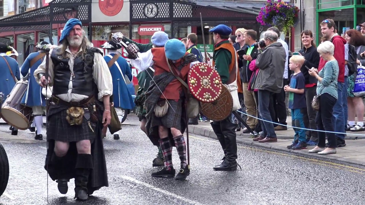 1689 Pass of Killiecrankie Jacobite re-enactment in Pitlochry town centre, Scotland, July 2017
