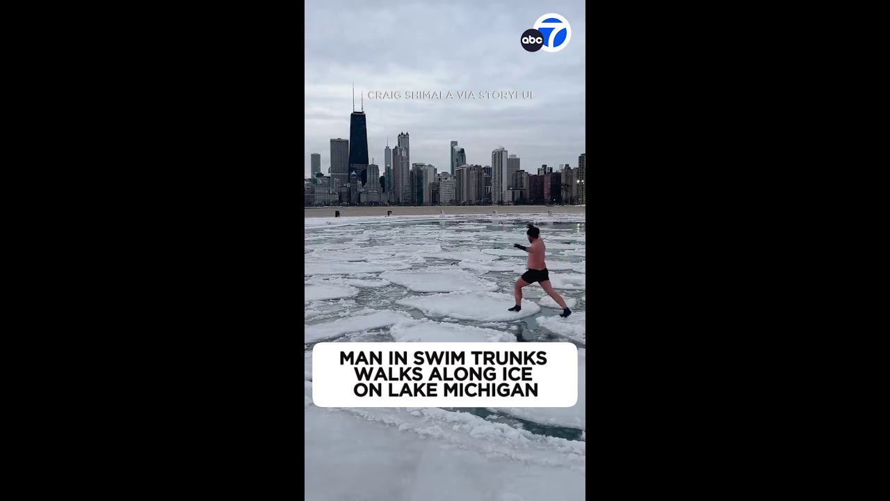 Chicago man takes stroll on Lake Michigan ice pancakes in swim trunks