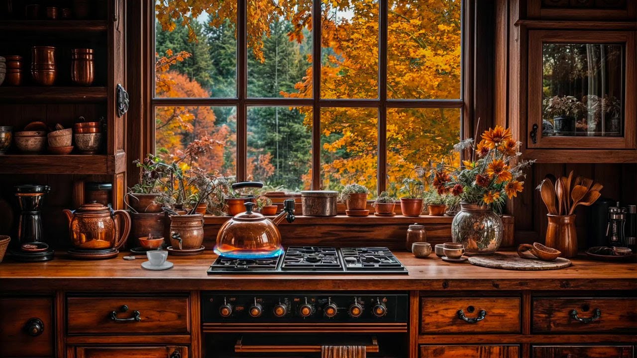 🍁 Rustic Autumn Kitchen Window View | Peaceful Cooking Ambience with Boiling Kettle & Forest Sounds
