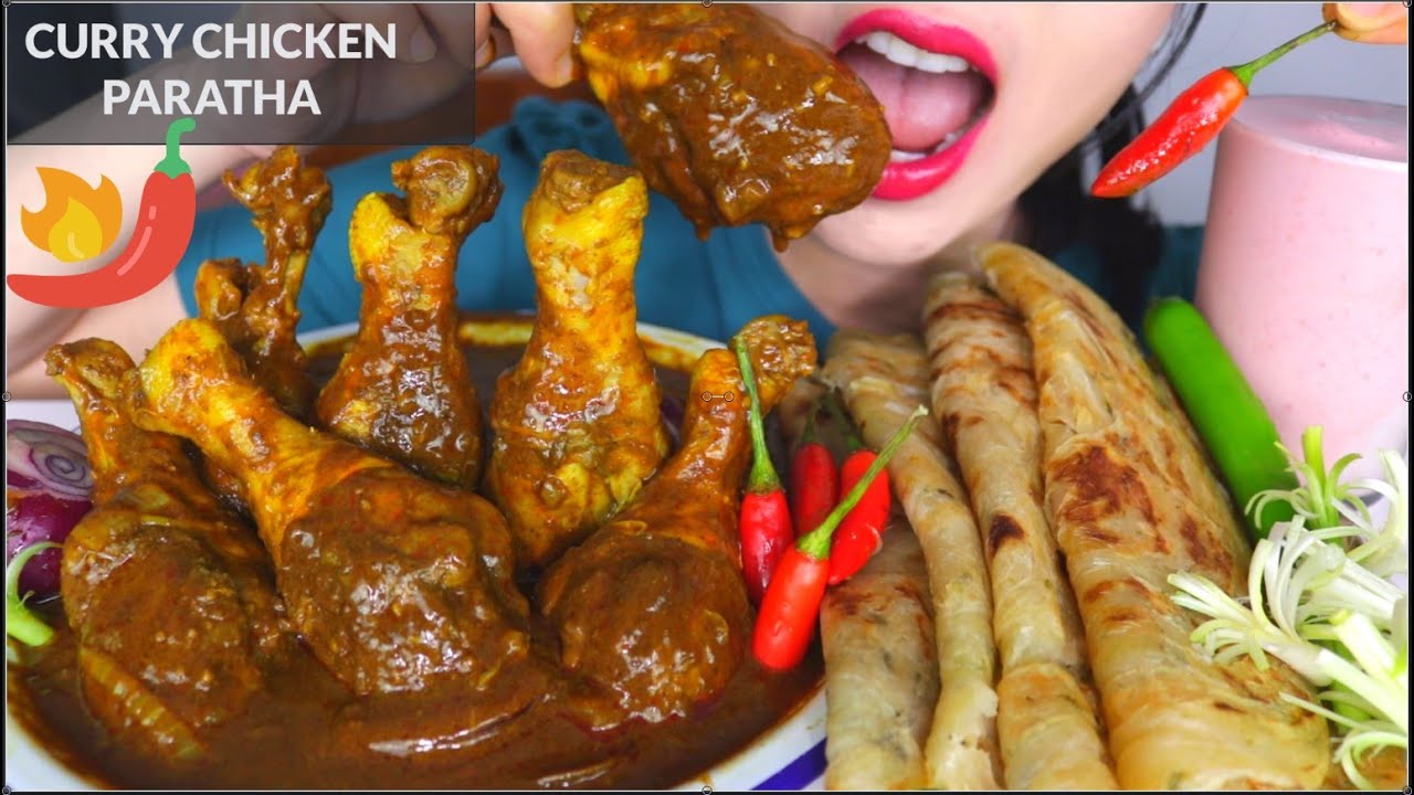 ASMR SPICY CHICKEN CURRY + PARATHA + CHILLIES + ONION + STRAWBERRY LASSI EATING SOUNDS MUKBANG