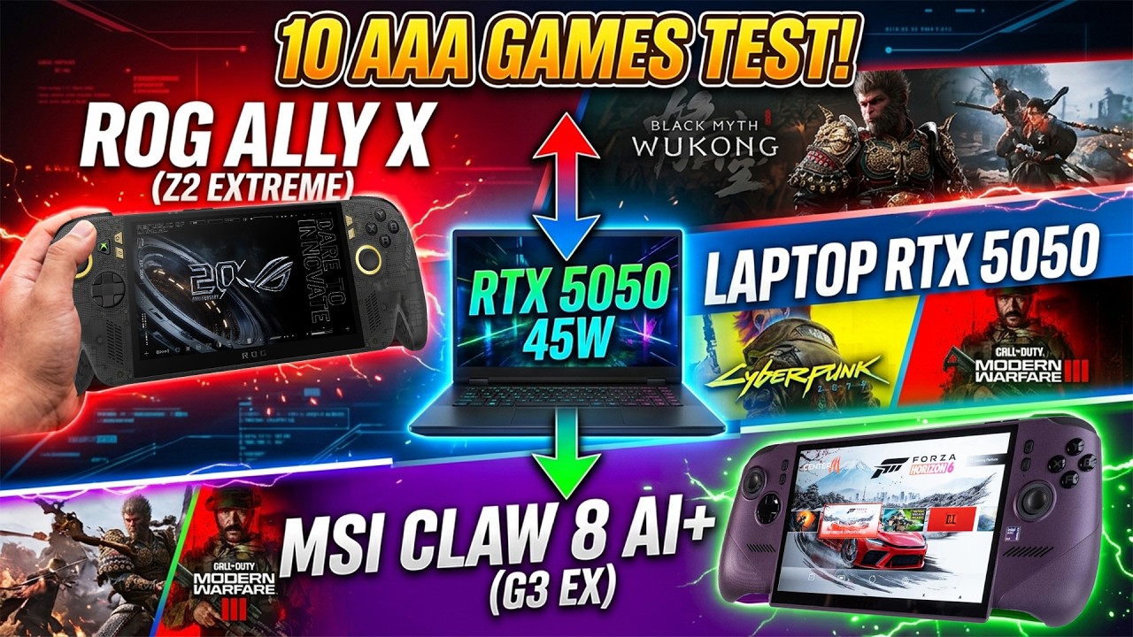 ROG Ally X (Z2 Extreme) Vs Laptop RTX 5050 45W Vs MSI Claw 8 AI+ (G3 Ex) | 10 AAA Games Test!