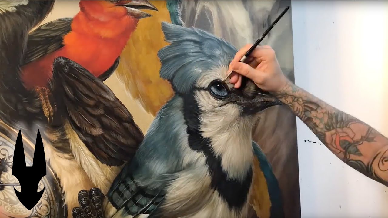 Birds gossip in this gathered group in this detailed acrylic painting​ 