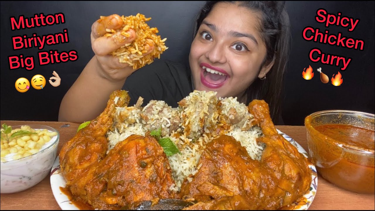 WHITE MUTTON BIRYANI WITH SPICY CHICKEN LEG CURRY, RAITA AND GRAVY | BIG BITES | FOOD EATING VIDEOS