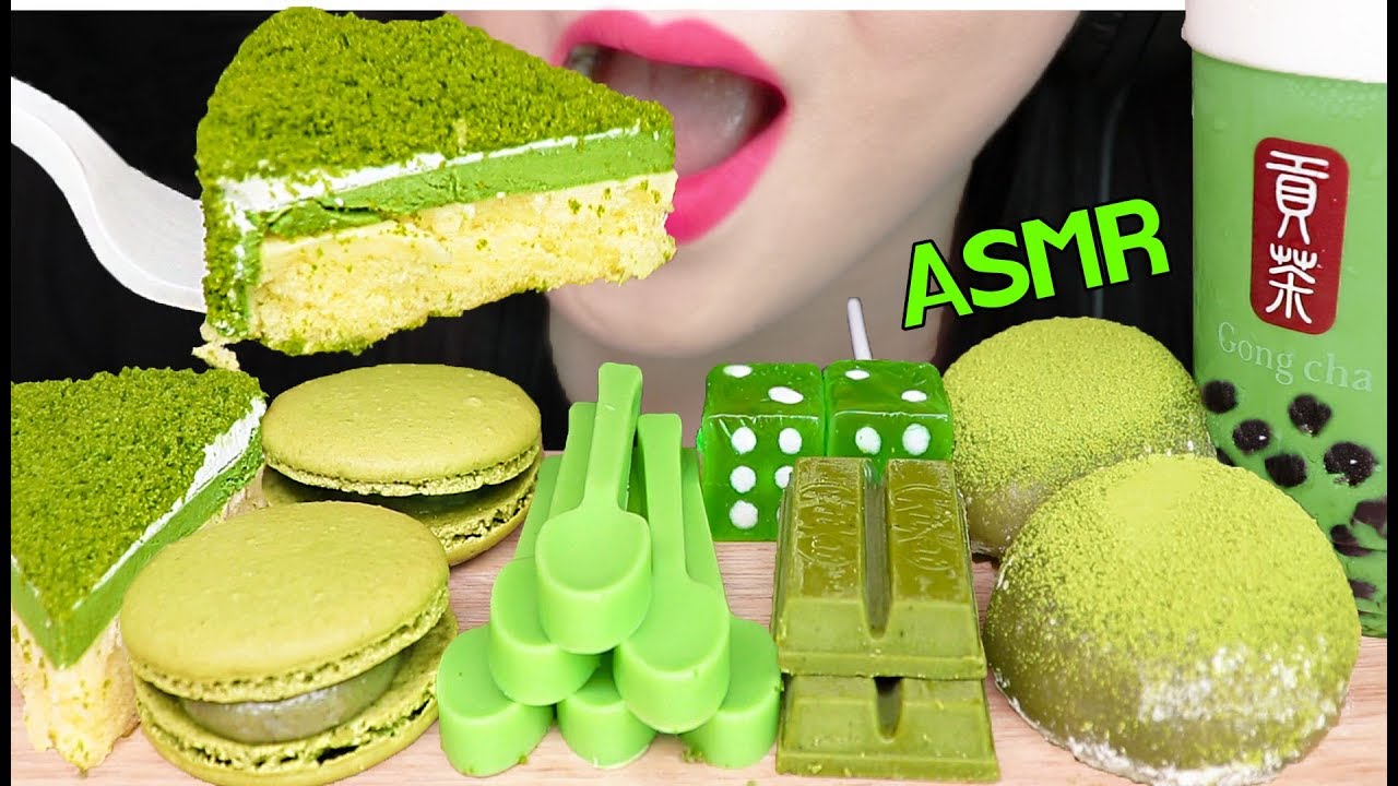 ASMR GREEN TEA BUBBLE TEA, EDIBLE SPOON, CHEESE CAKE, DICE CANDY 녹차 버블티, 먹는 숟가락, 주사위 먹방EATING SOUNDS