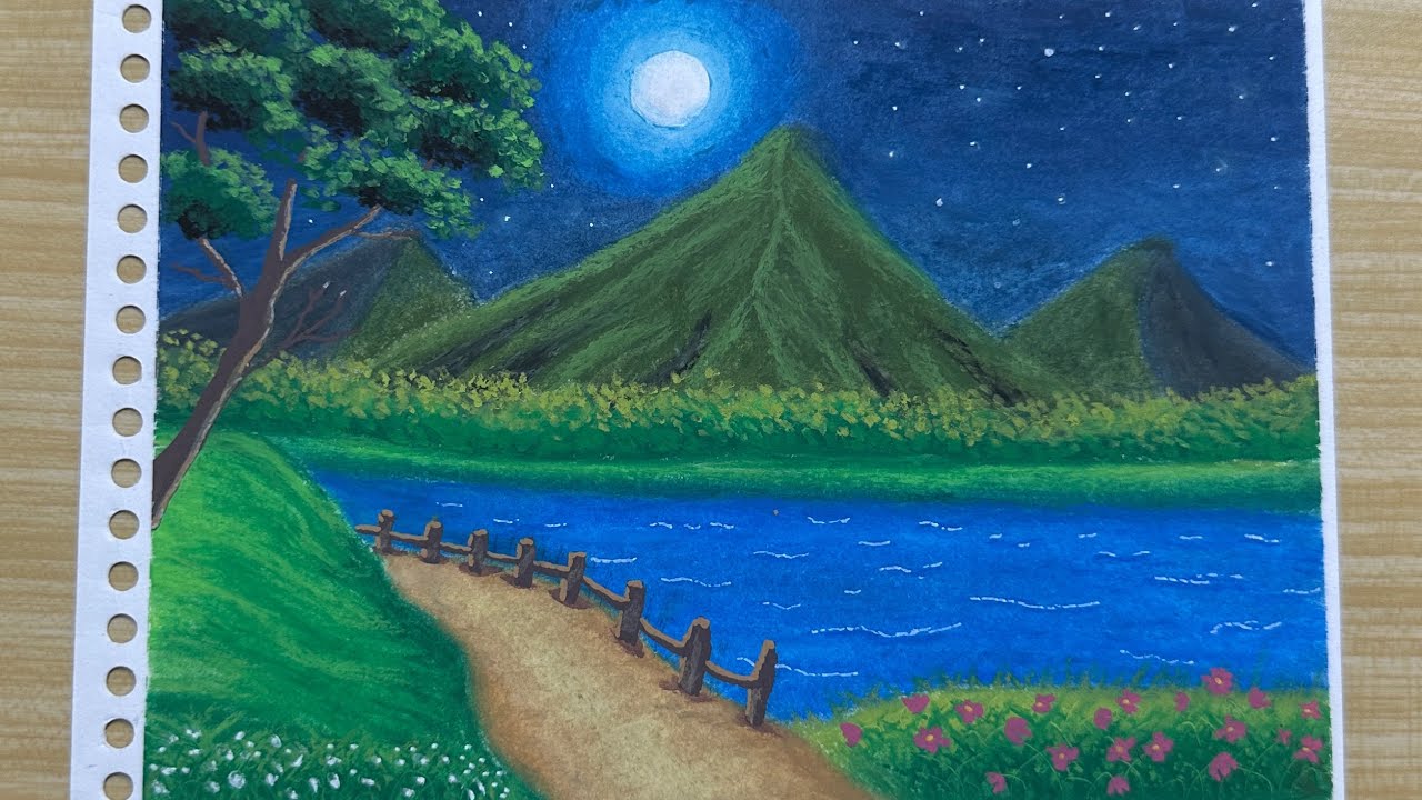 Menggambar pemandangan | pemandangan gunung dan sungai sangat indah dan mudah