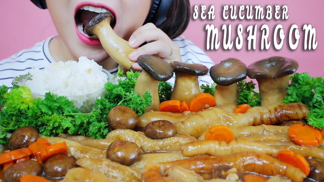 ASMR COOKING SEA CUCUMBER OYSTER MUSHROOM BUTTON MUSHROOM WITH OYSTER SAUCE EATING SOUNDS| LINH-ASMR