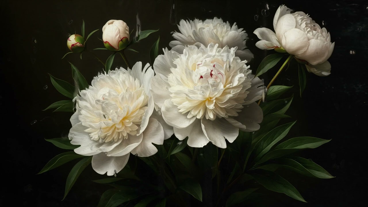 Vintage Art Screensaver White Peonies Painting | raindrops | Screensaver 2k