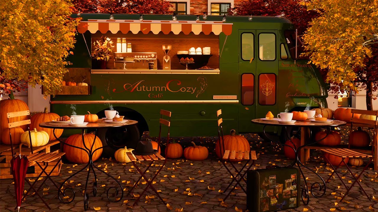Autumn Cozy Coffee Truck Ambience | Autumn Day Sounds, Crunchy Leaves, Chatter