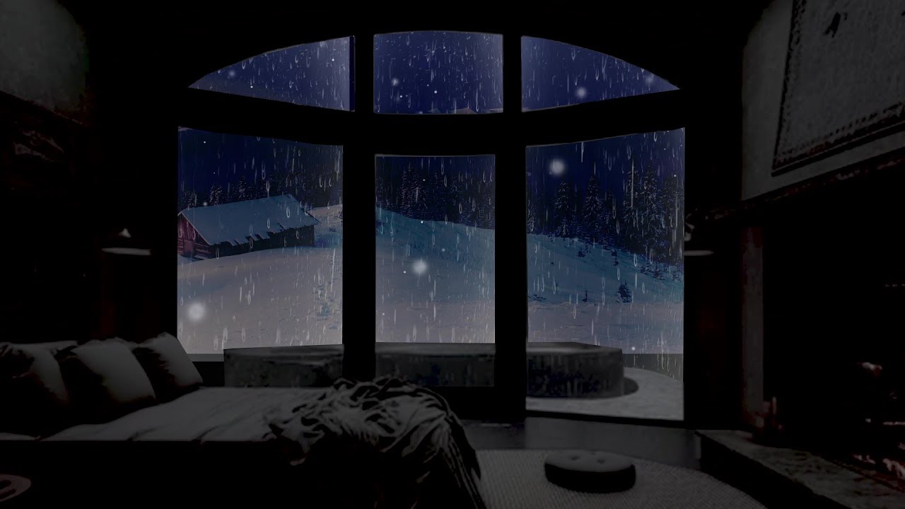 Rain Sound For Sleeping In Cozy Bedroom - Rain With Snow Fall In Winter Outside Window