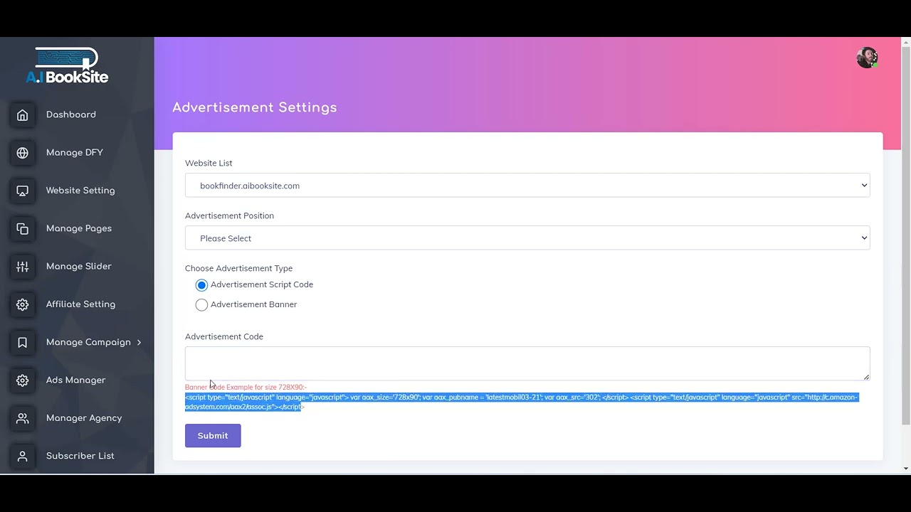 AIBookSite - How to add advertisements to your website