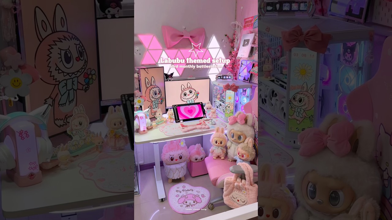 Labubu Mokoko themed battlestation 🎀🌸 #labubu #popmart #pcsetup #desksetup #pinksetup