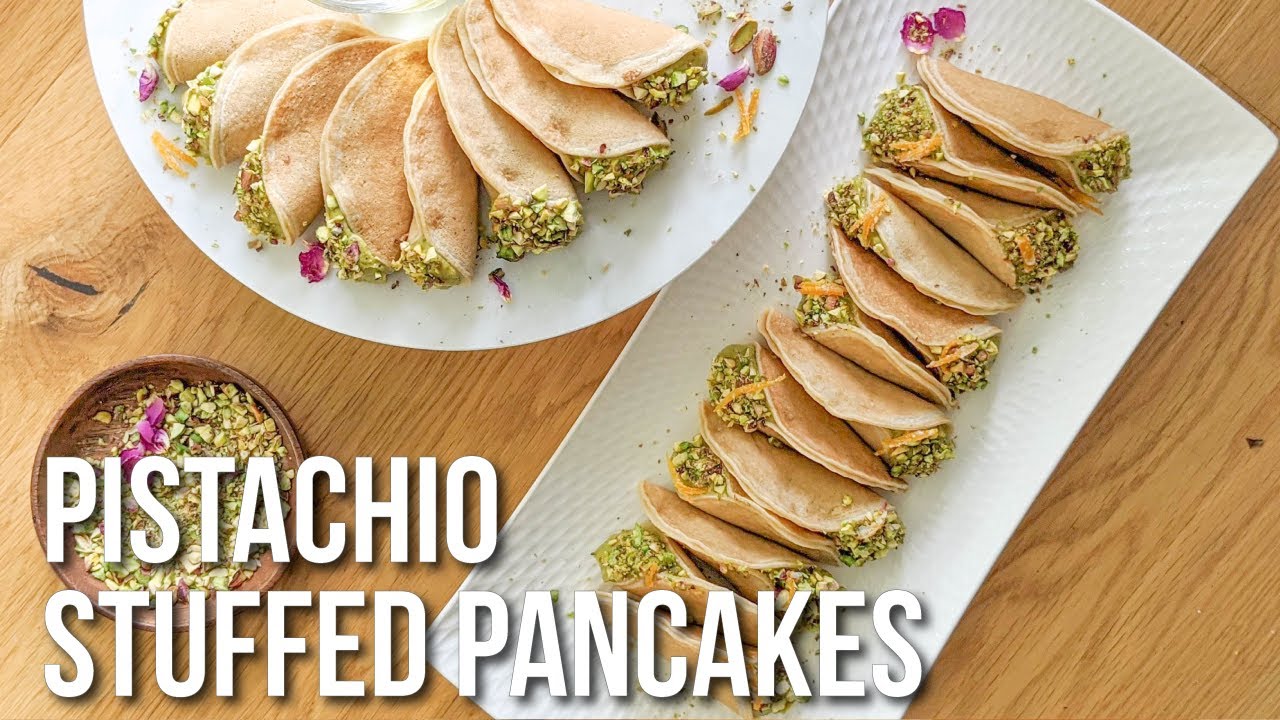 Pistachio cream filled Qatayef - Stuffed Middle Eastern Pancakes Recipe