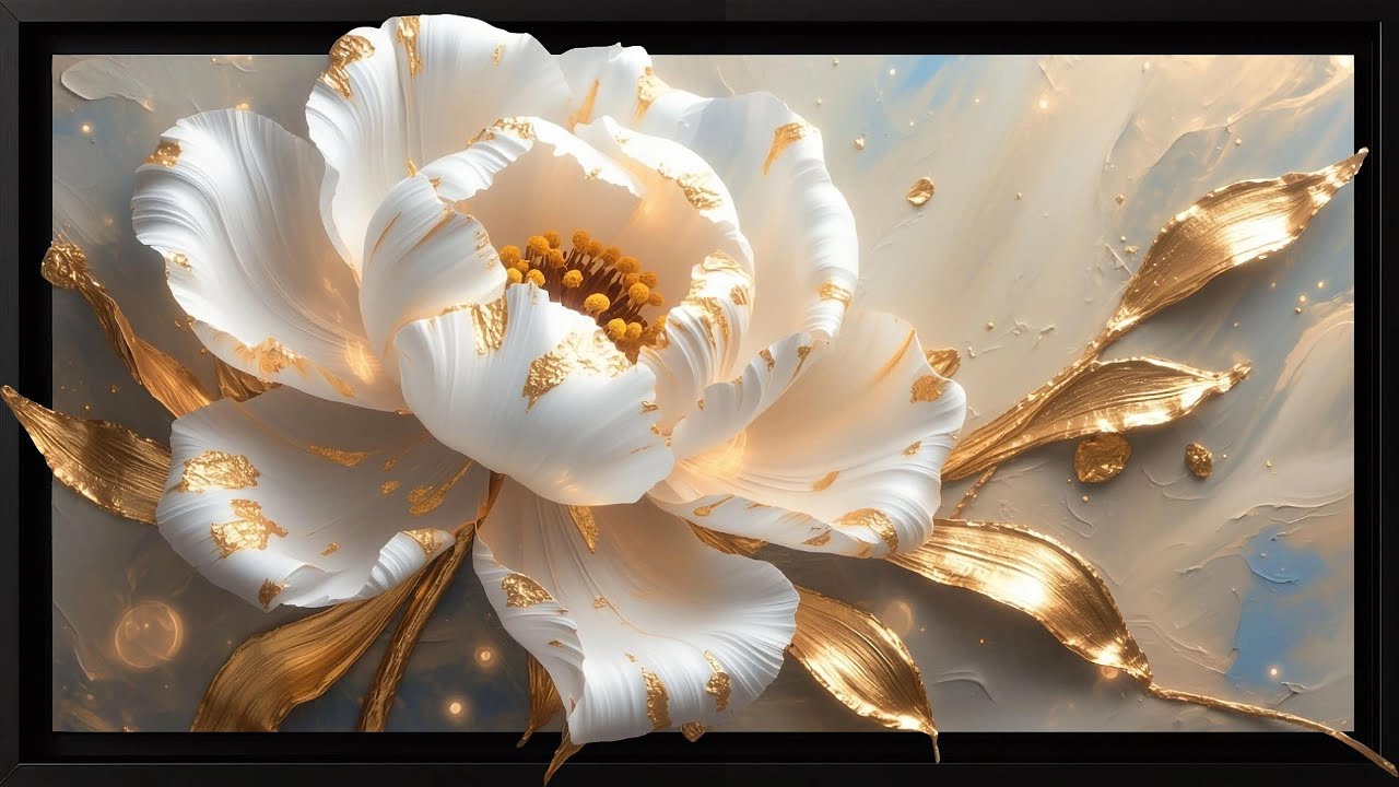 Golden White Flower in 3D Relief – Elegant Oil Painting | Arte Decorativo en Relieve  | No Music