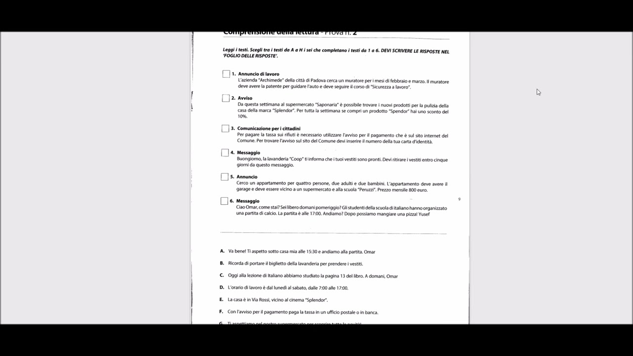 CILS A2 Integrazione | Dicembre 2023 | Comprensione della Lettura