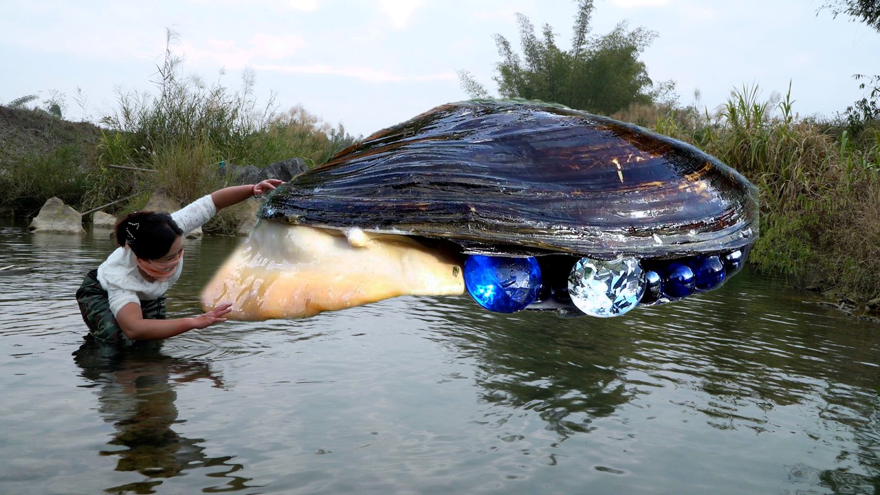 🎁The girl opened the giant clam, which was filled with enchanting purple pearls, extremely beautiful
