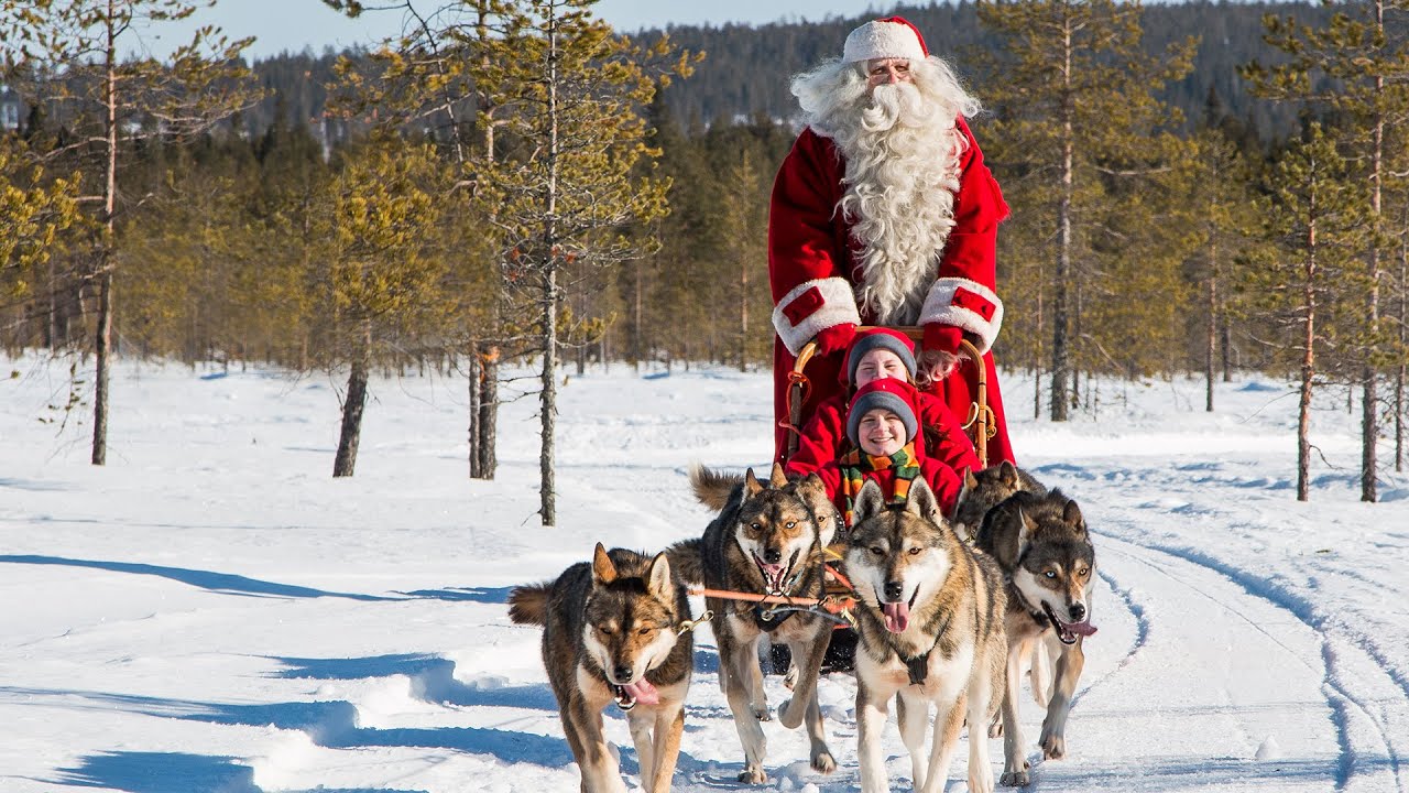 Joulupukki ja husky-koirat 🐕🎅 Joulupukin huskyt Rovaniemi Lappi Suomi lastenohjelma Joulu