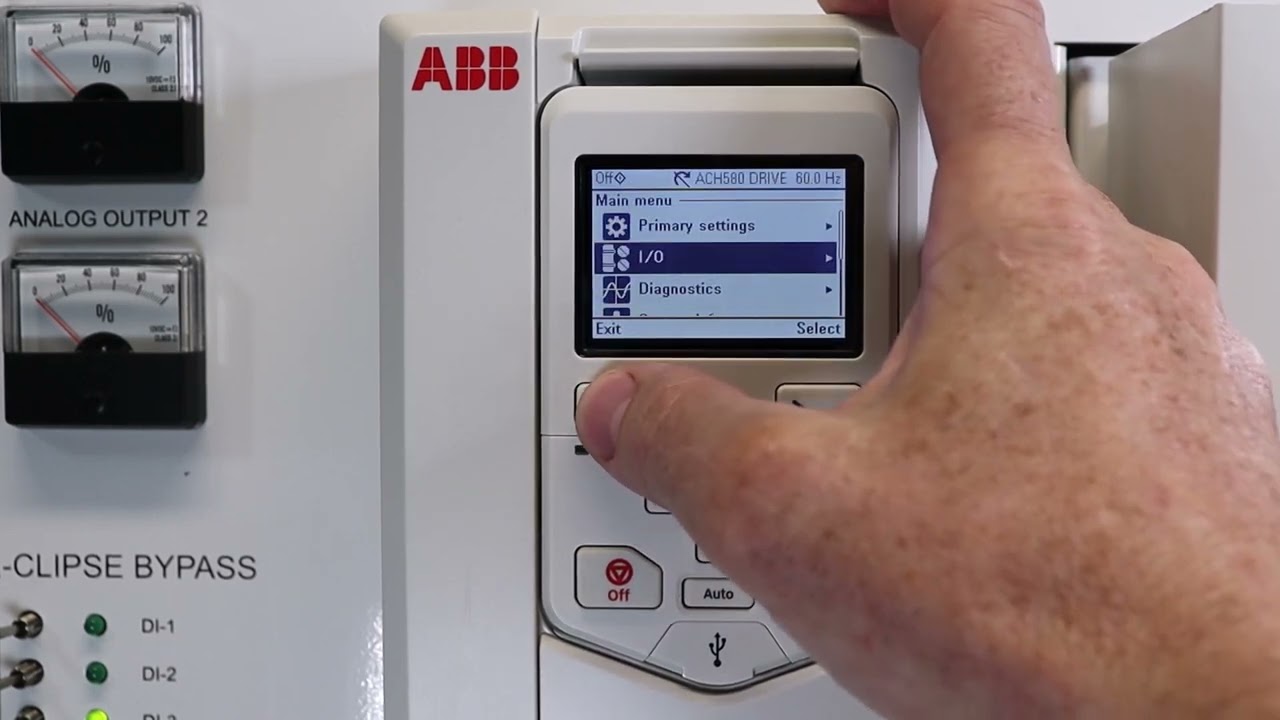 ABB ACH580 Variable Frequency Drive  I/O troubleshooting via the Control Panel Main Menu I/O