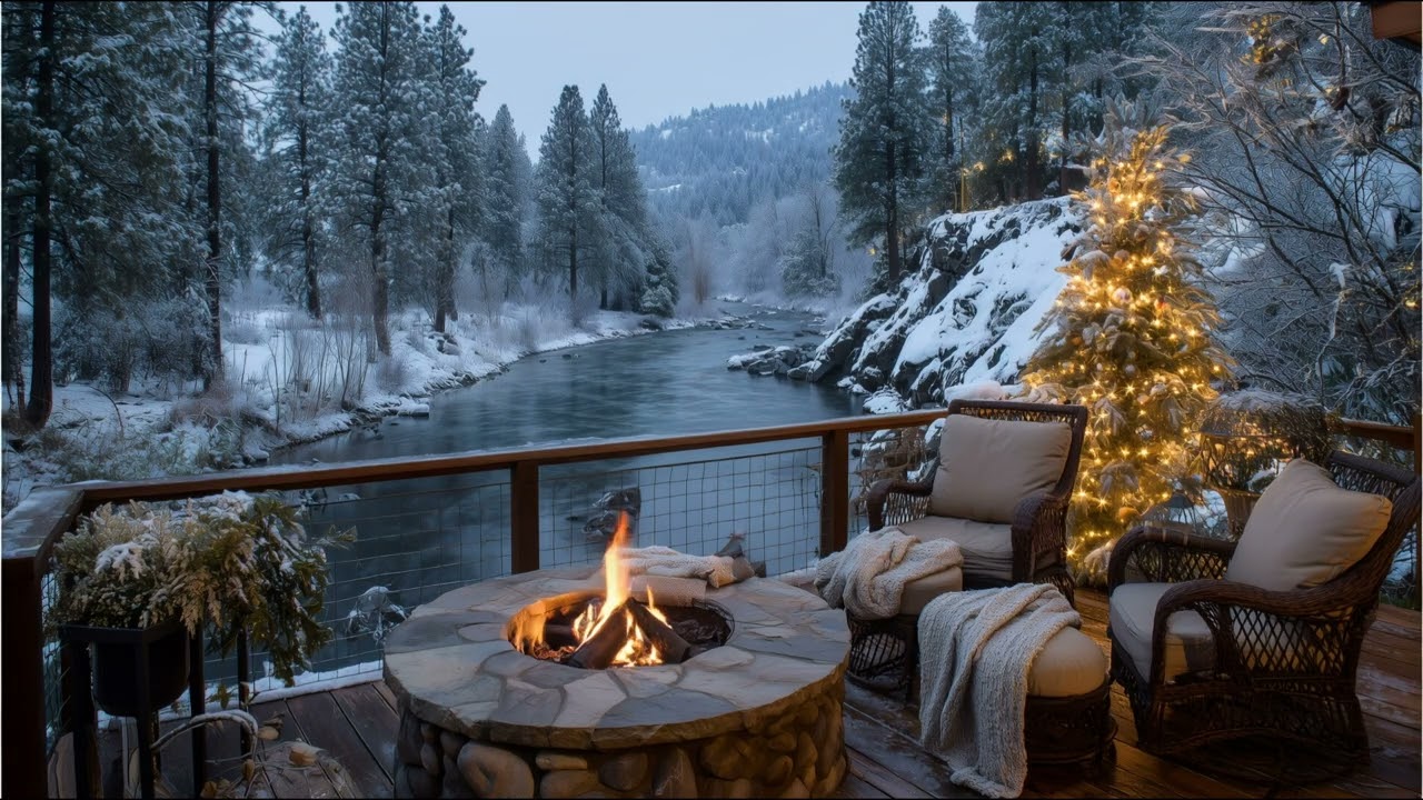Christmas On The River Ambience 🎄 Cozy Ambience with gentle water and a warm fire sounds