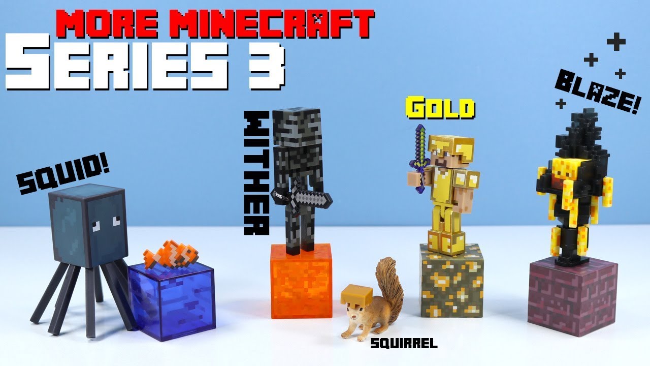 Minecraft Jazwares Series 3 Action Figures Squid Blaze & Steve in Gold Armor
