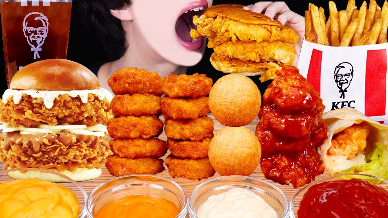 ASMR KFC DOUBLE CHICKEN BURGER FRIES CHICKEN NUGGETS CHEESE BALLS MUKBANG타워스태커 치킨버거 먹방 EATING SOUNDS