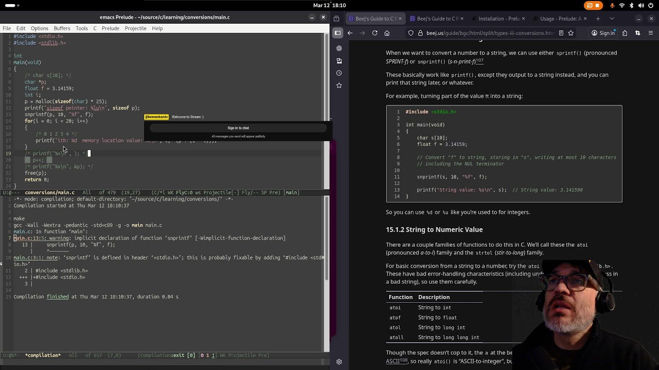 Thursday Live Coding with Emacs. 3/12/2026 #coding #livecoding #emacs #learnc