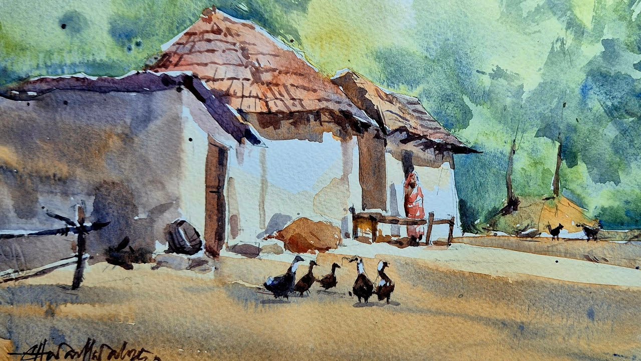 Indian village life watercolor painting | simple rural scenery | easy landscape art