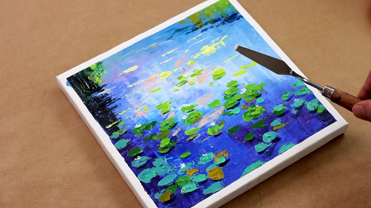 How To Paint Water lilies Painting in Acrylics / palette knife painting / Lotus Painting / Day #176