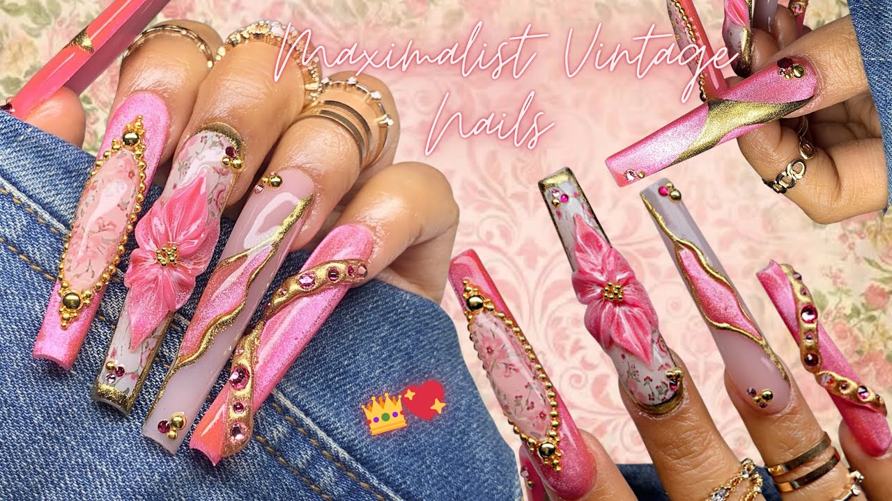 PINK PRINCESS MAXIMALIST VINTAGE NAILS💖👑/ ACRYLIC NAILS DESIGN 