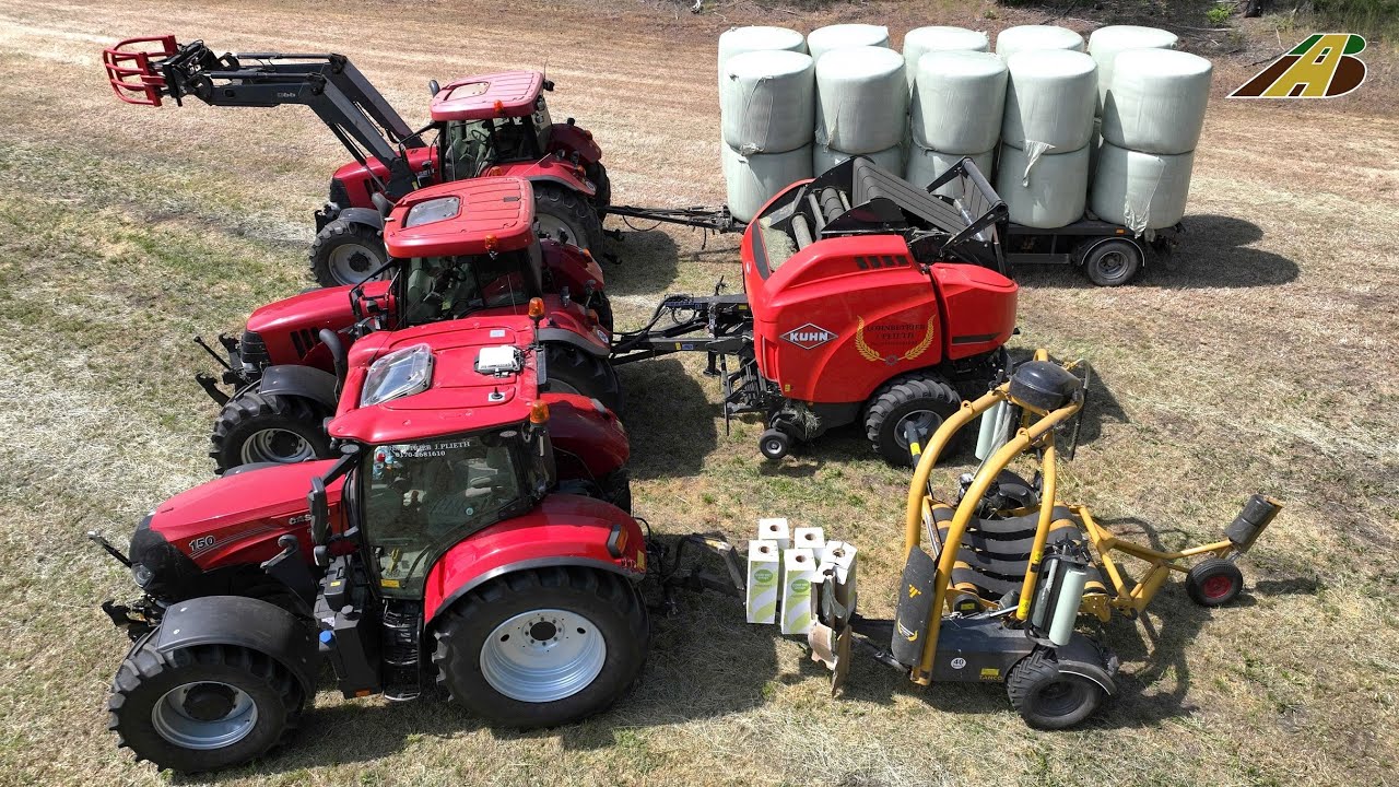 Heuernte 2023 Gras mähen, wenden, schwaden, Rundballen pressen wickeln Case Traktoren Landwirtschaft