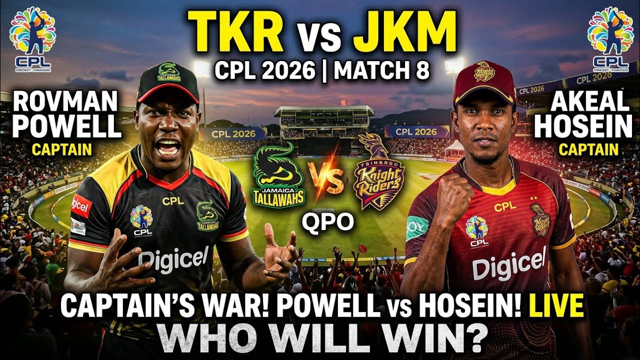 CPL 2026 Match 8 🏏 | Jamaica Kingsmen (JKM) vs Trinbago Knight Riders (TKR)