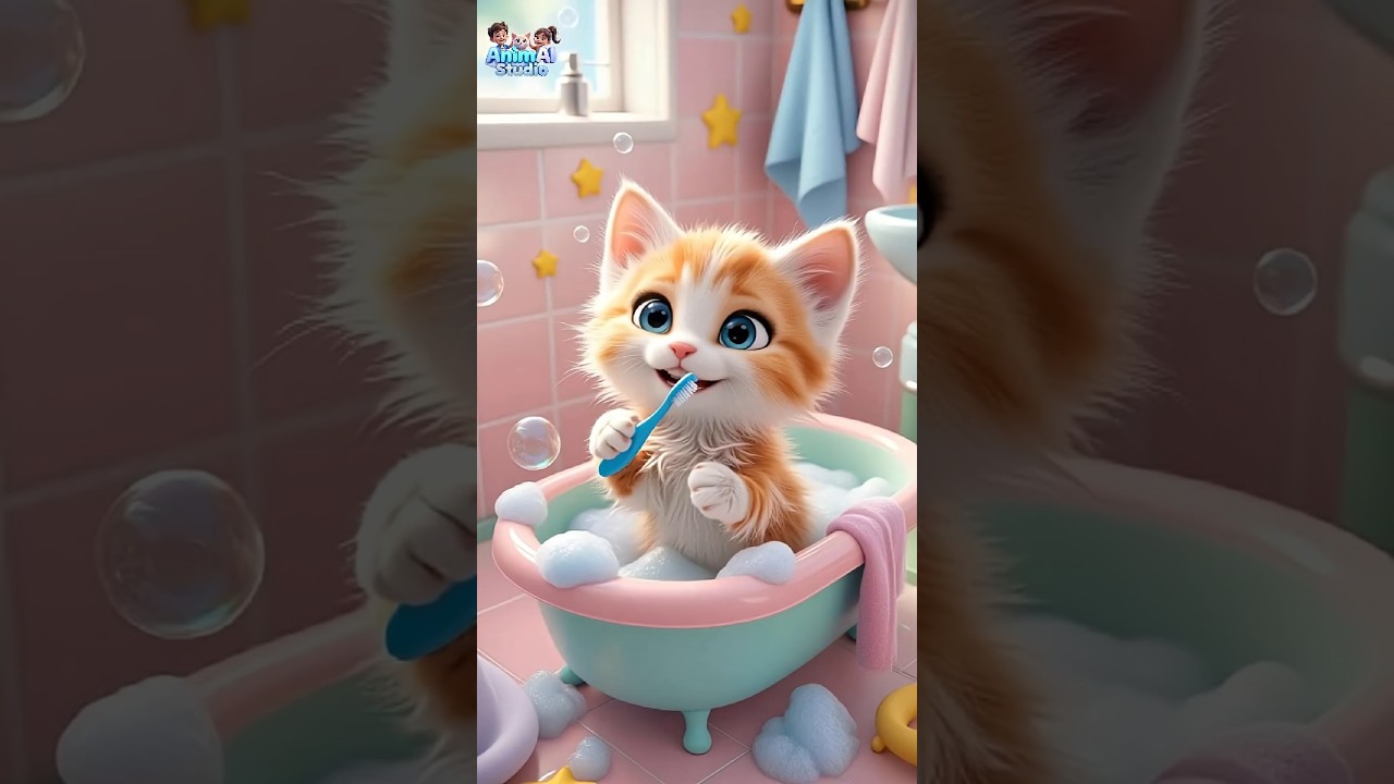 🐾 Kucing ini rajin gosok gigi, gemes banget 🛁🪥✨ #kucing #cute #fyp #shorts #funny @AnimAiStudio20