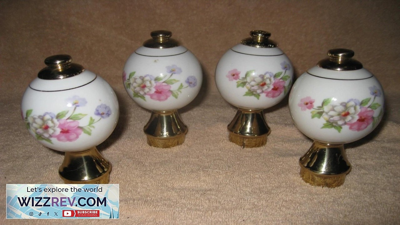 VTG Porcelain & Brass Gold Trim Floral Bed Post Caps Knobs Finials