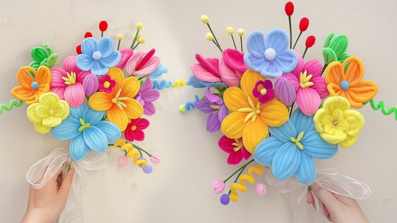 💐DIY Pipe Cleaner Flower BOUQUET - Flower Bouquet making at Home Tutorial - Pipe Cleaner Gift ideas