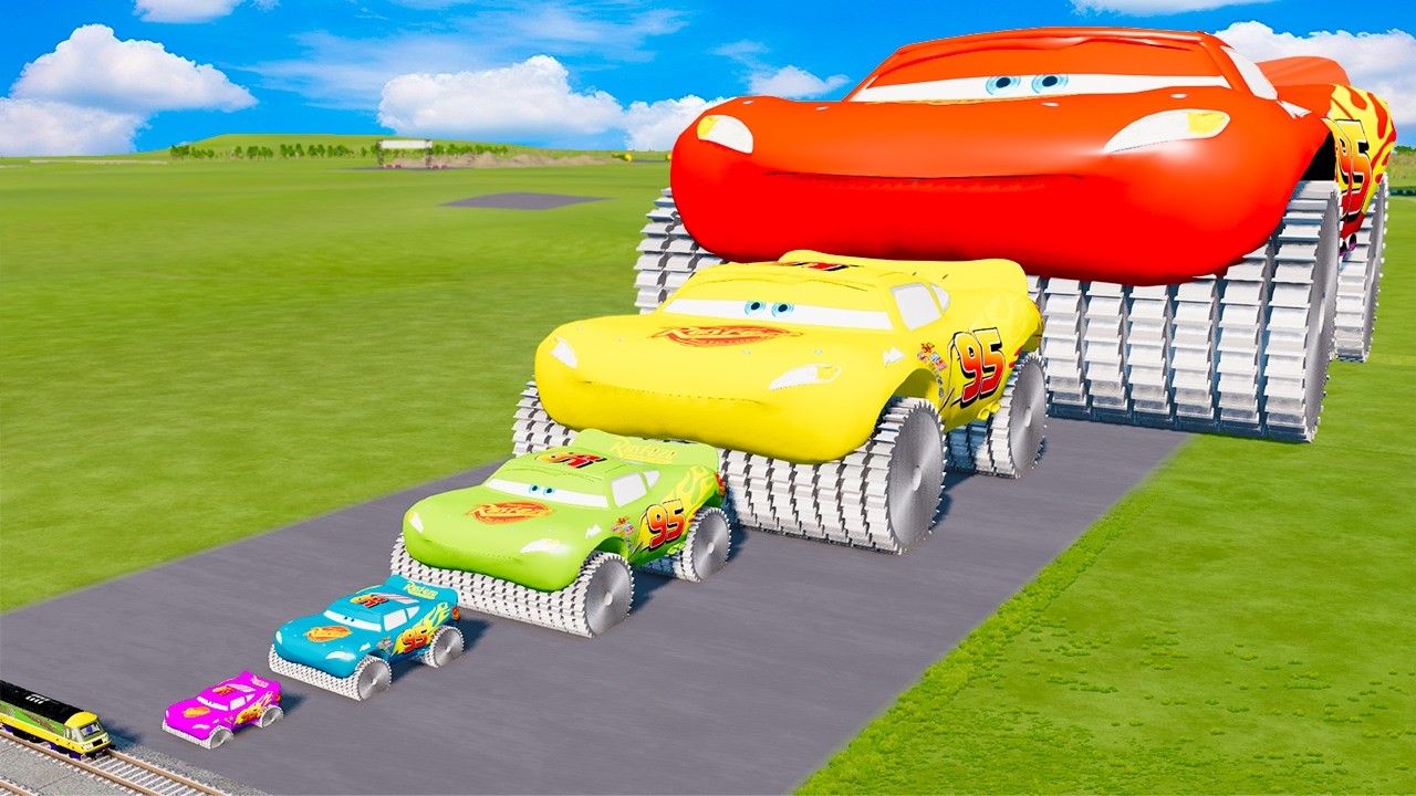 Big & Small Colors McQueen Wide with Monster Saw wheels VS Train | BeamNG.drive