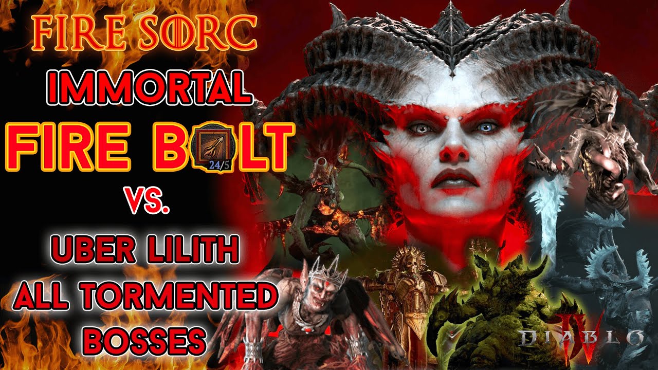 Diablo 4 - Immortal Fire Bolt Sorcerer vs Uber Lilith & All Tormented Bosses Speed Kill [Season 4]