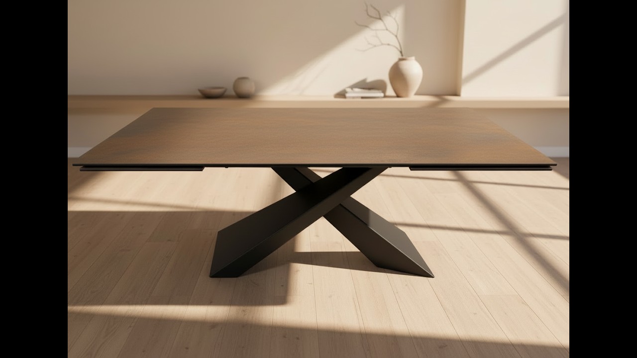 Table à manger avec un plateau en céramique extensible effet rouille et pied central en métal noir