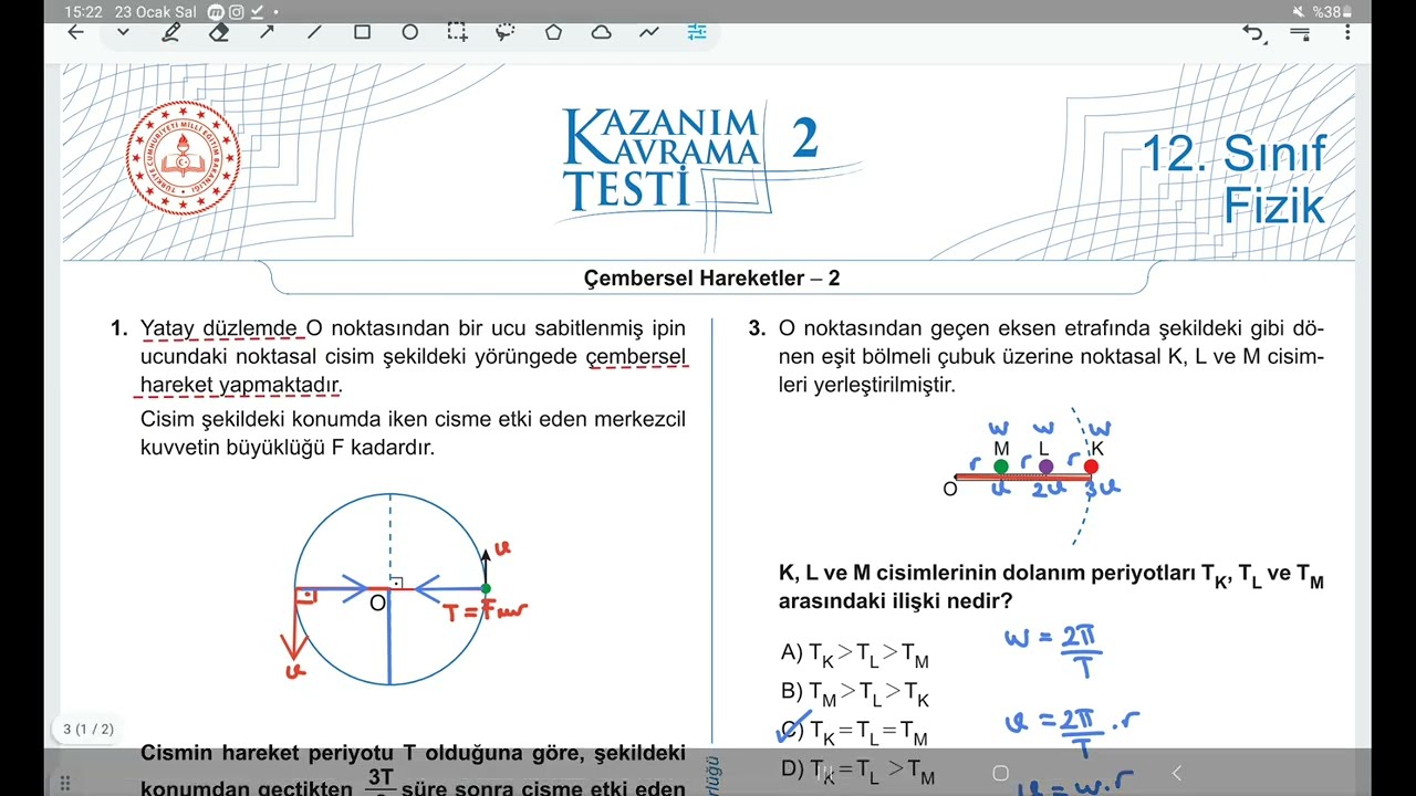 Test-2- Çembersel Hareket ( Meb Kazanım Kavrama Testi- 12. Sınıf - KK-2)